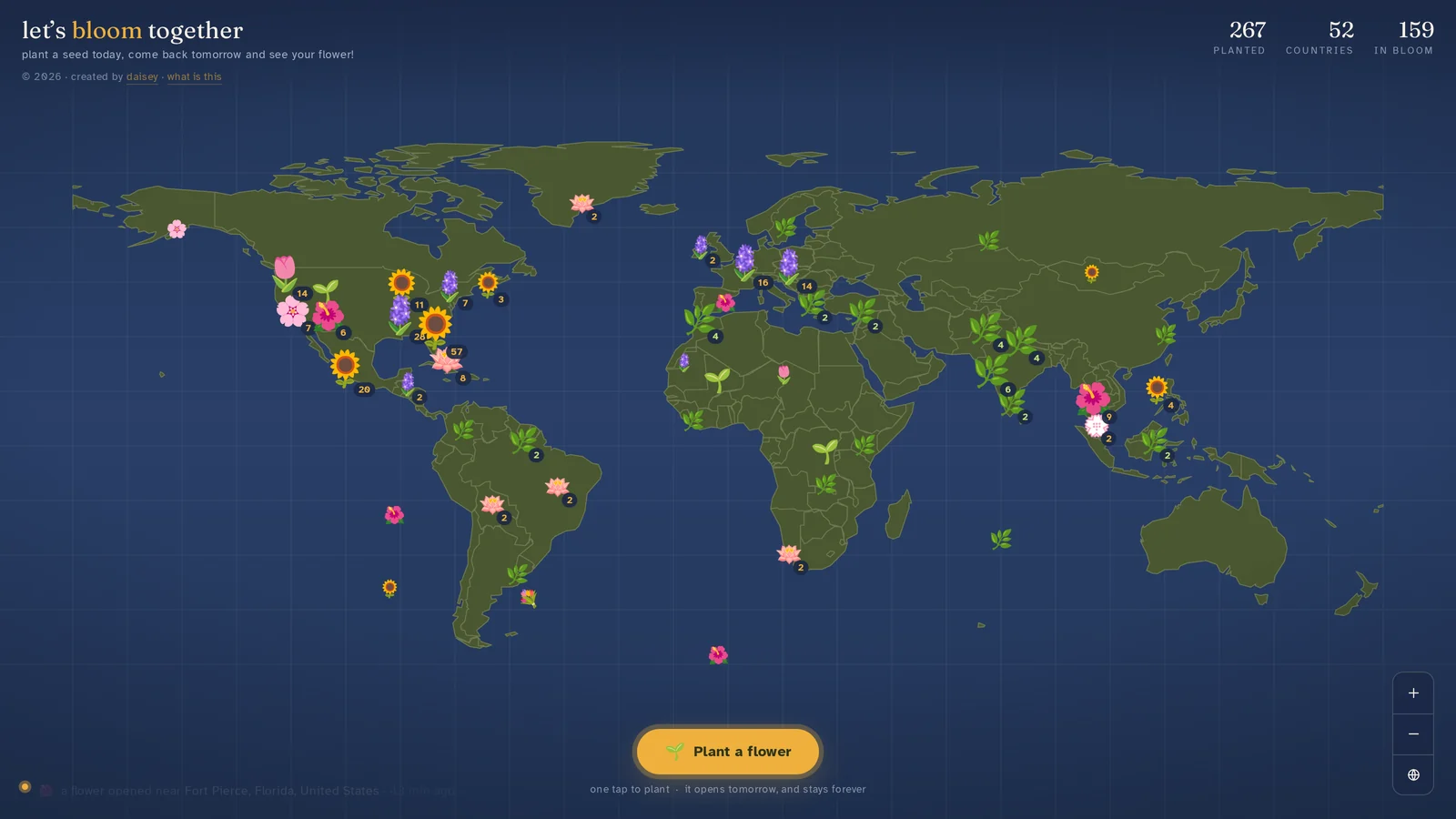 let's bloom together, a collaborative world map of flowers planted by strangers