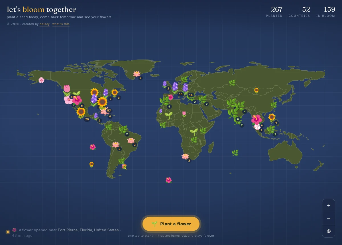 The world map at full zoom, flowers scattered across several countries