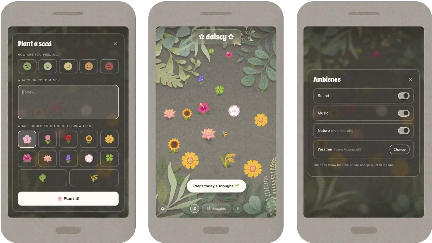 Three phone frames on the landing page showing the plant sheet, the garden and the ambience panel