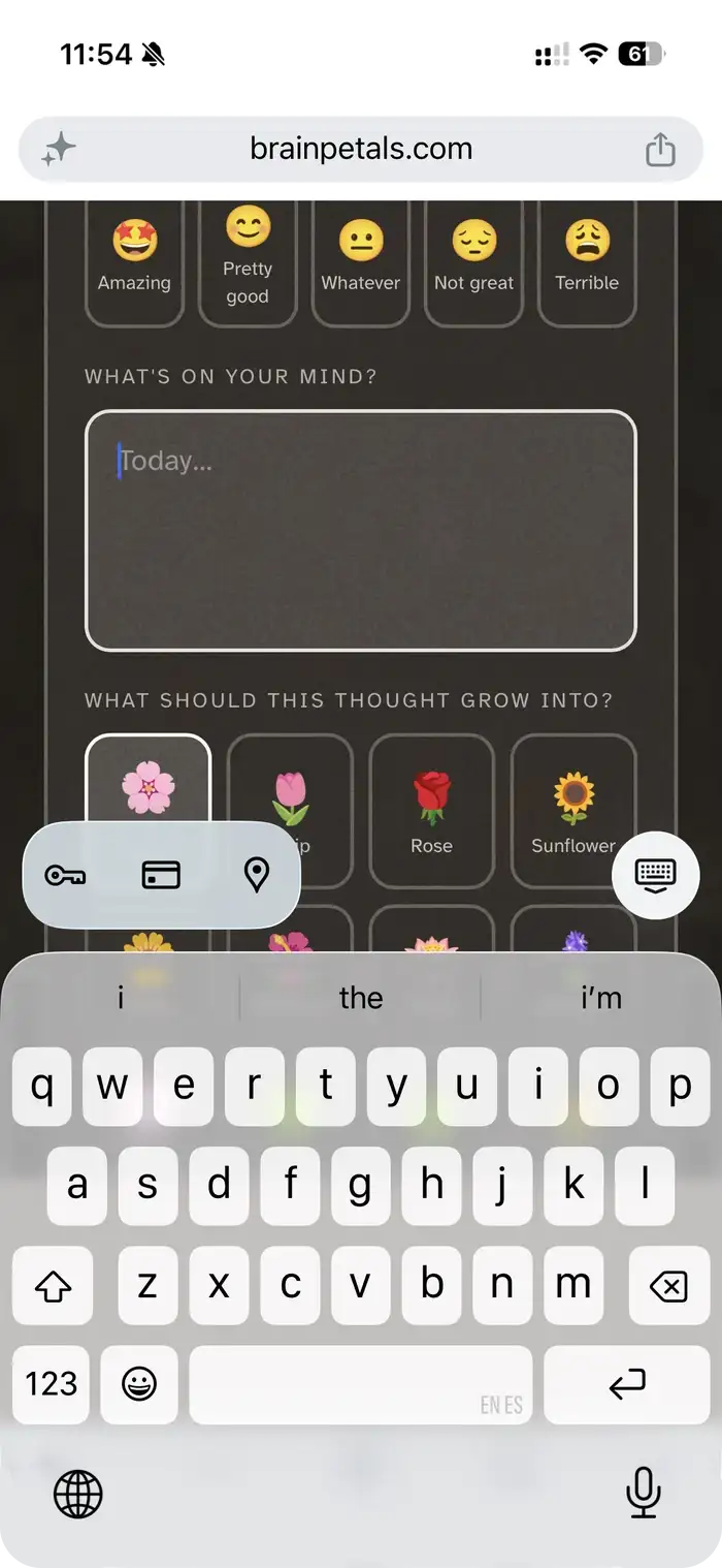 The plant sheet on a phone with the keyboard open, covering the flowers entirely
